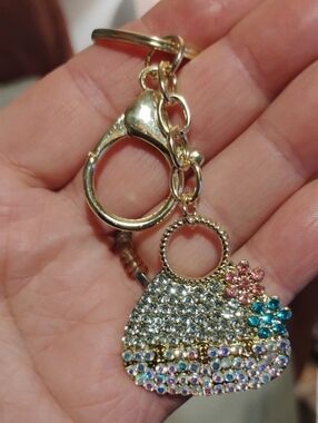 LS Gold-Tone Crystal Purse Keychain Bag Charm with Pink & Blue Accents